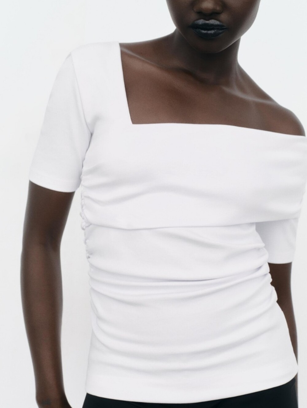 Zara White Square-Neck Short Sleeve Ruched Top